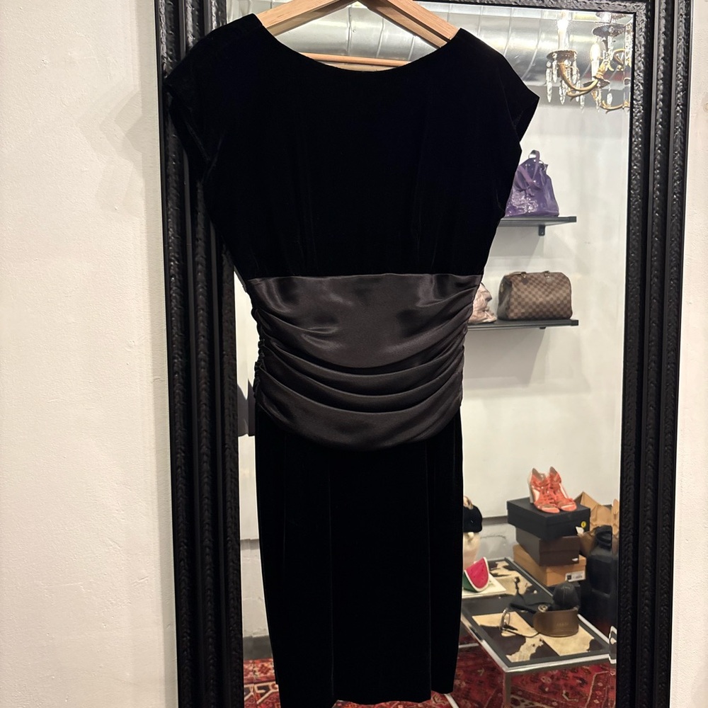 Saks Fifth Avenue Black Velvet Midi Dress with Satin Ruched Waist Panel